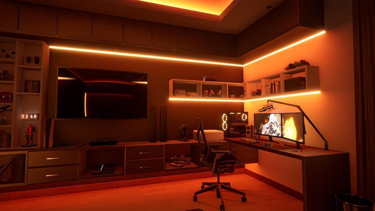 Salle de jeux avec bureau, écrans, fauteuil, étagères, éclairage orange, télévision, meubles